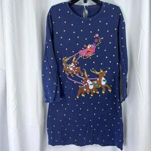 Santa and Reindeer Christmas Applique Dress Blue Girls Size 7Y EUC